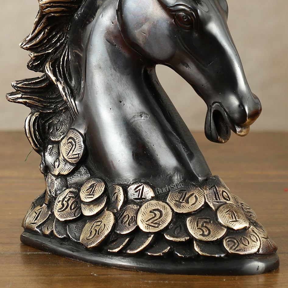 Vastu Feng Shui Lucky Black Horse Head with Coins Brass Showpiece | 7"