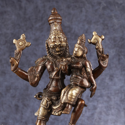 Pure Brass Lord Narsimha with Devi Lakshmi Idol - 12" Chola wash