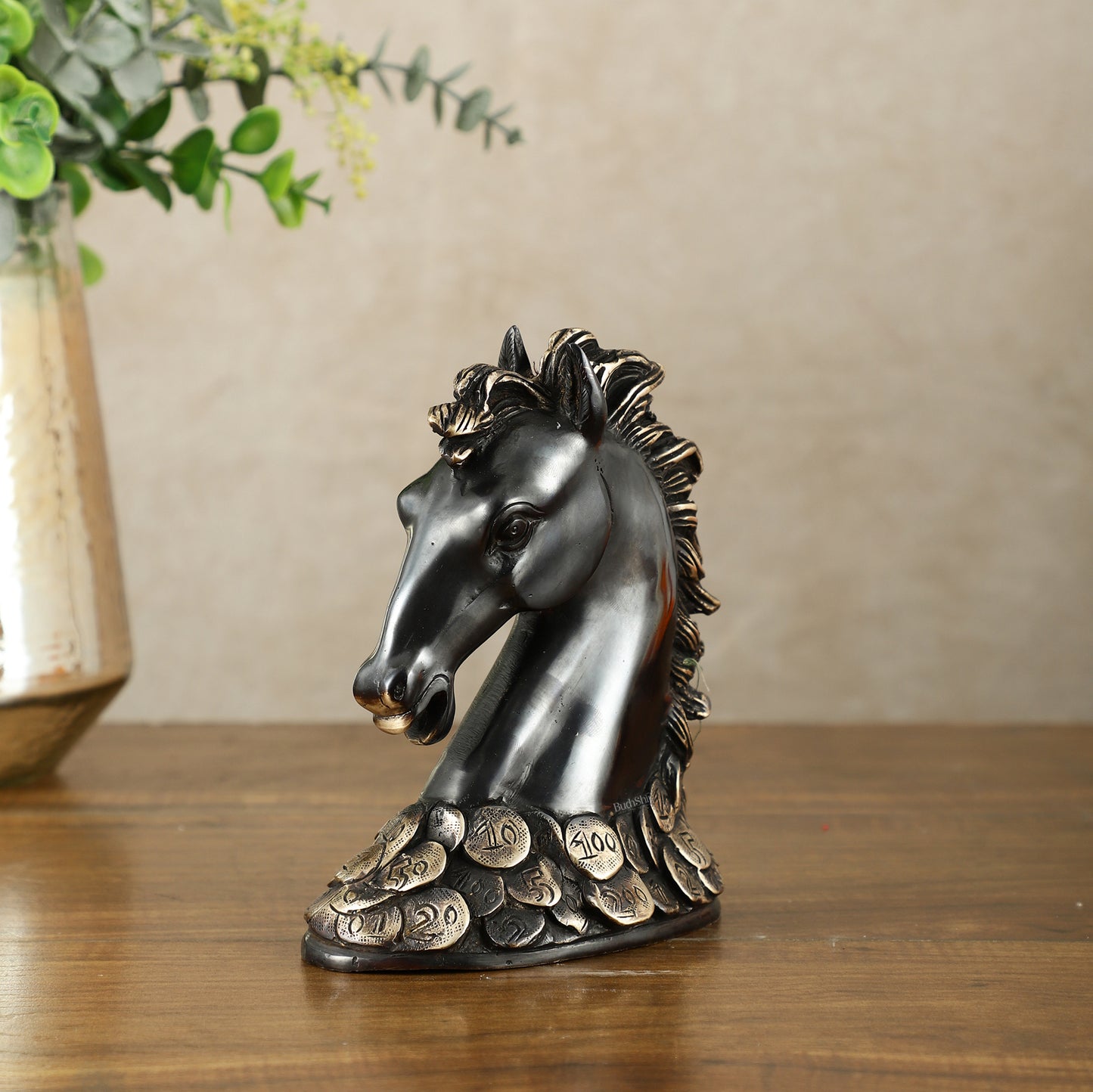 Vastu Feng Shui Lucky Black Horse Head with Coins Brass Showpiece | 7"