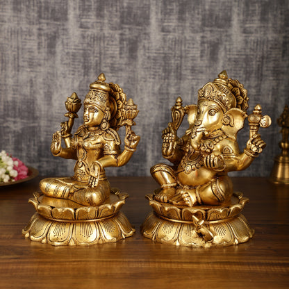 Brass Superfine Ganesha and Lakshmi Statues on Lotus | 9 Inch