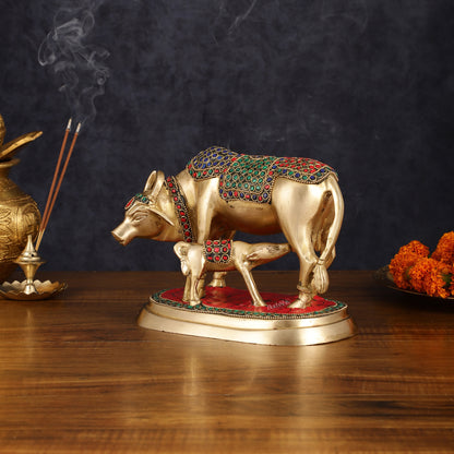 Pure Brass Kamdhenu Cow with Calf Statue - Meenakari Stonework, 8"