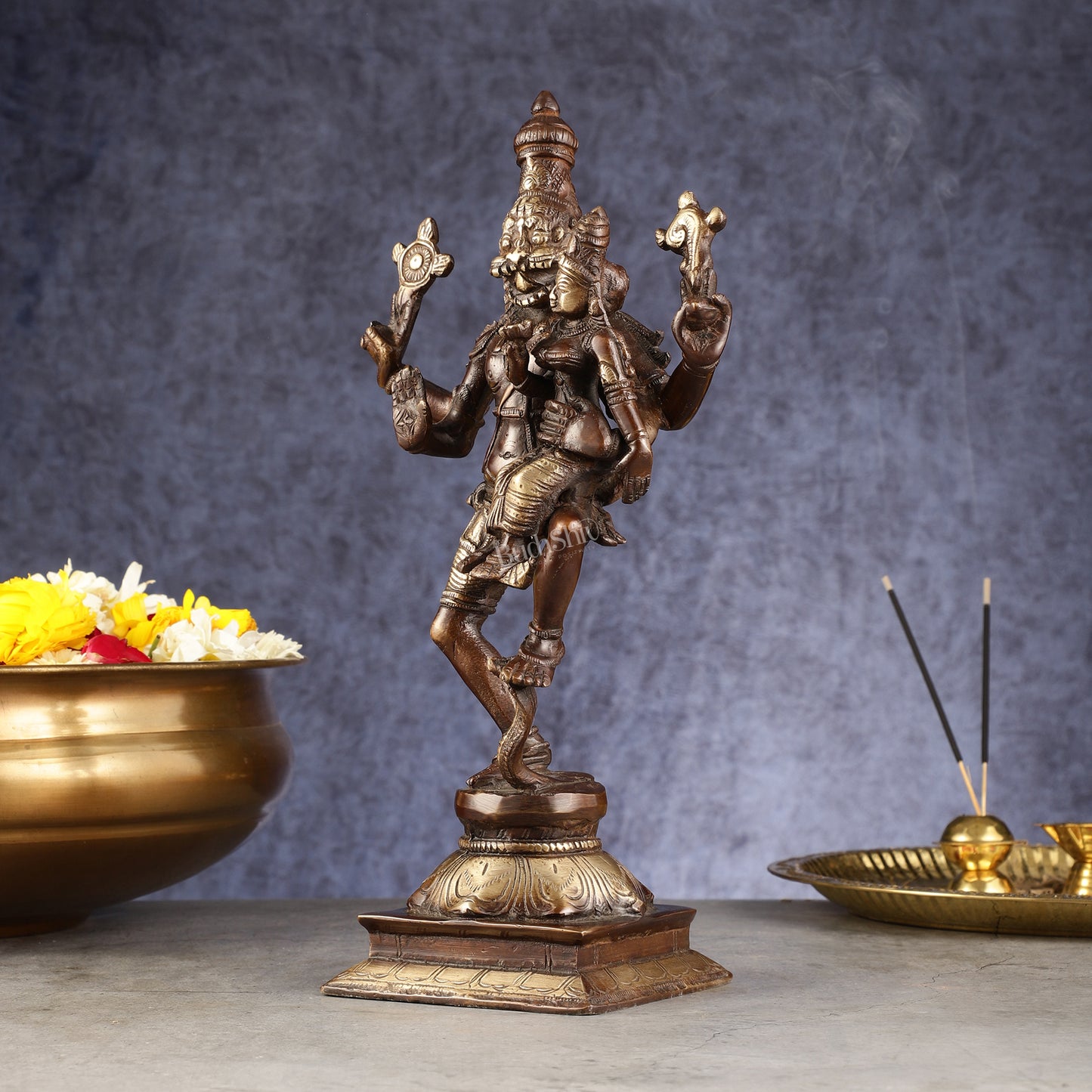 Pure Brass Lord Narsimha with Devi Lakshmi Idol - 12" Chola wash