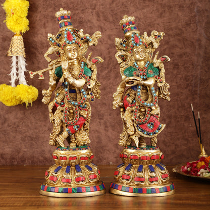 Intricately Crafted Brass Radha Krishna Idols with Stonework - 15"