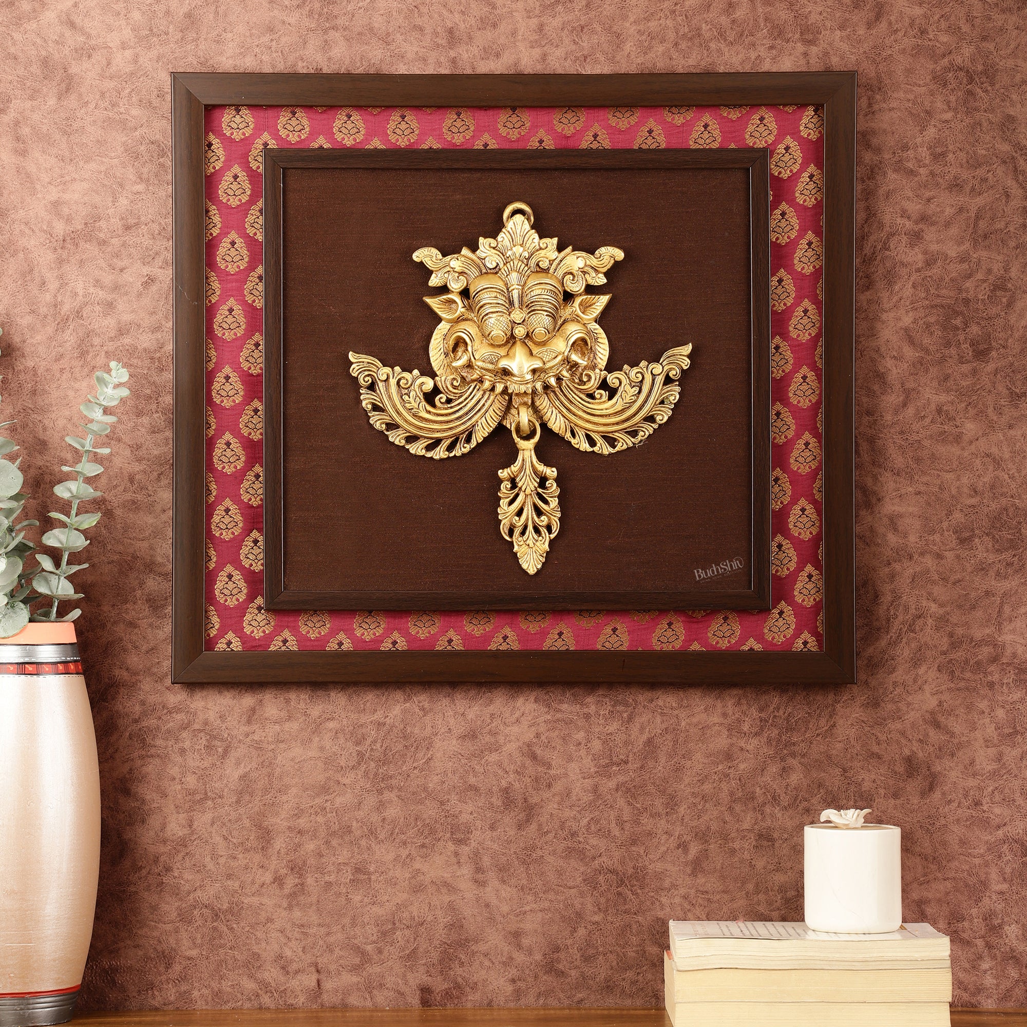 Pure Brass Kirtimukha Yali Face Wall Hanging on Wooden Frame with Prem ...