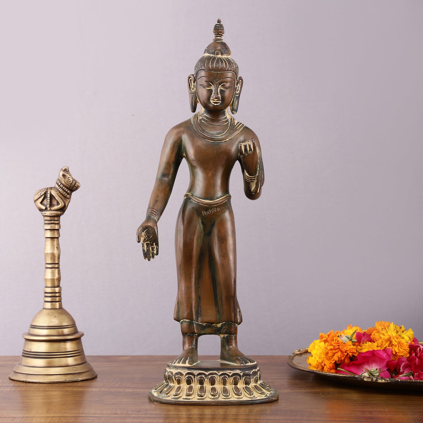 Vintage Brass Standing Buddha Statue – 14.5 inch