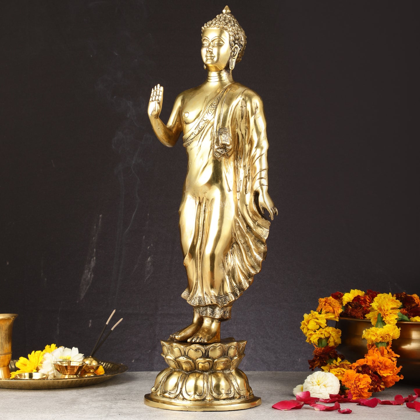 Brass Standing Buddha Statue | 21.5"