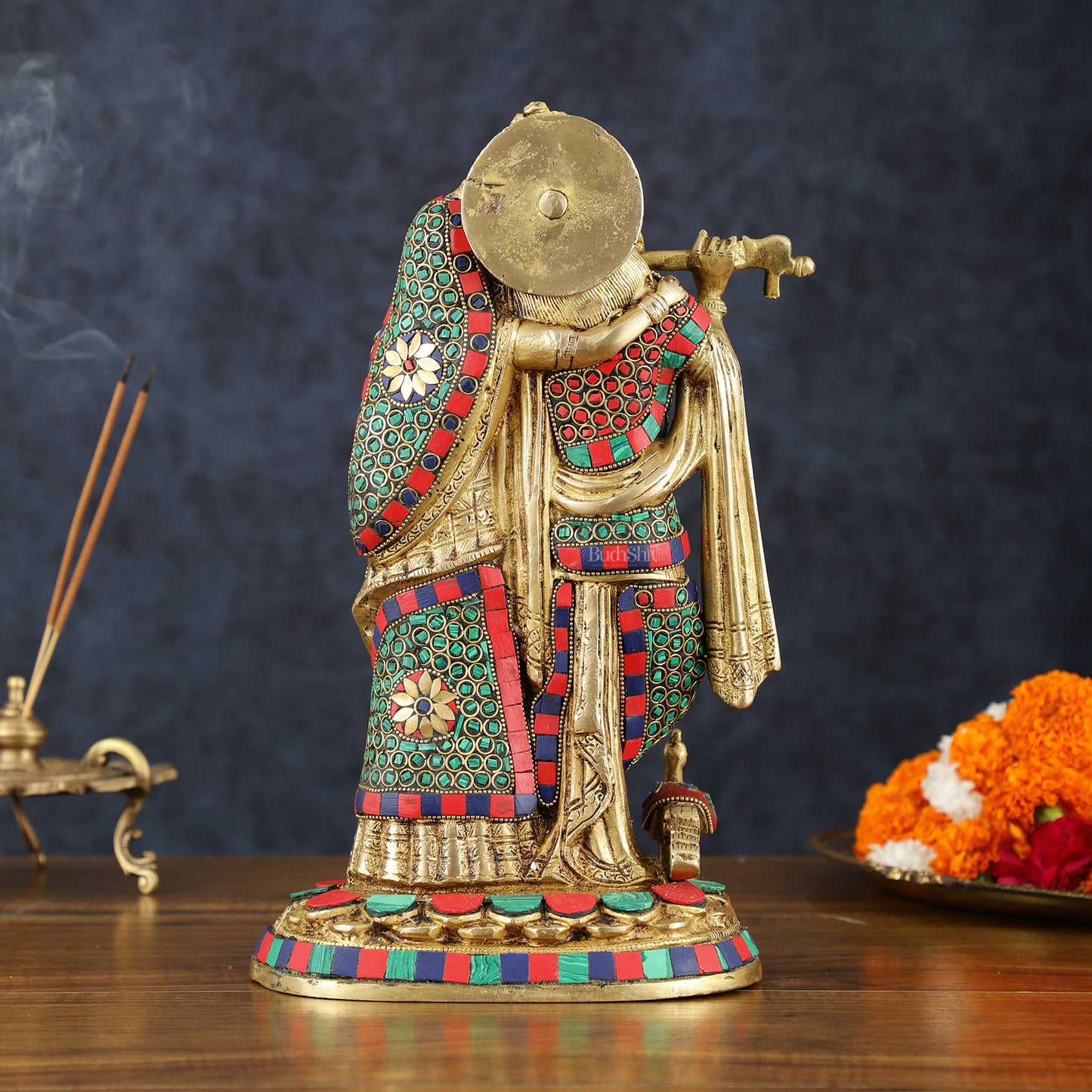 Brass Radha Krishna Idol 12 inch with stonework