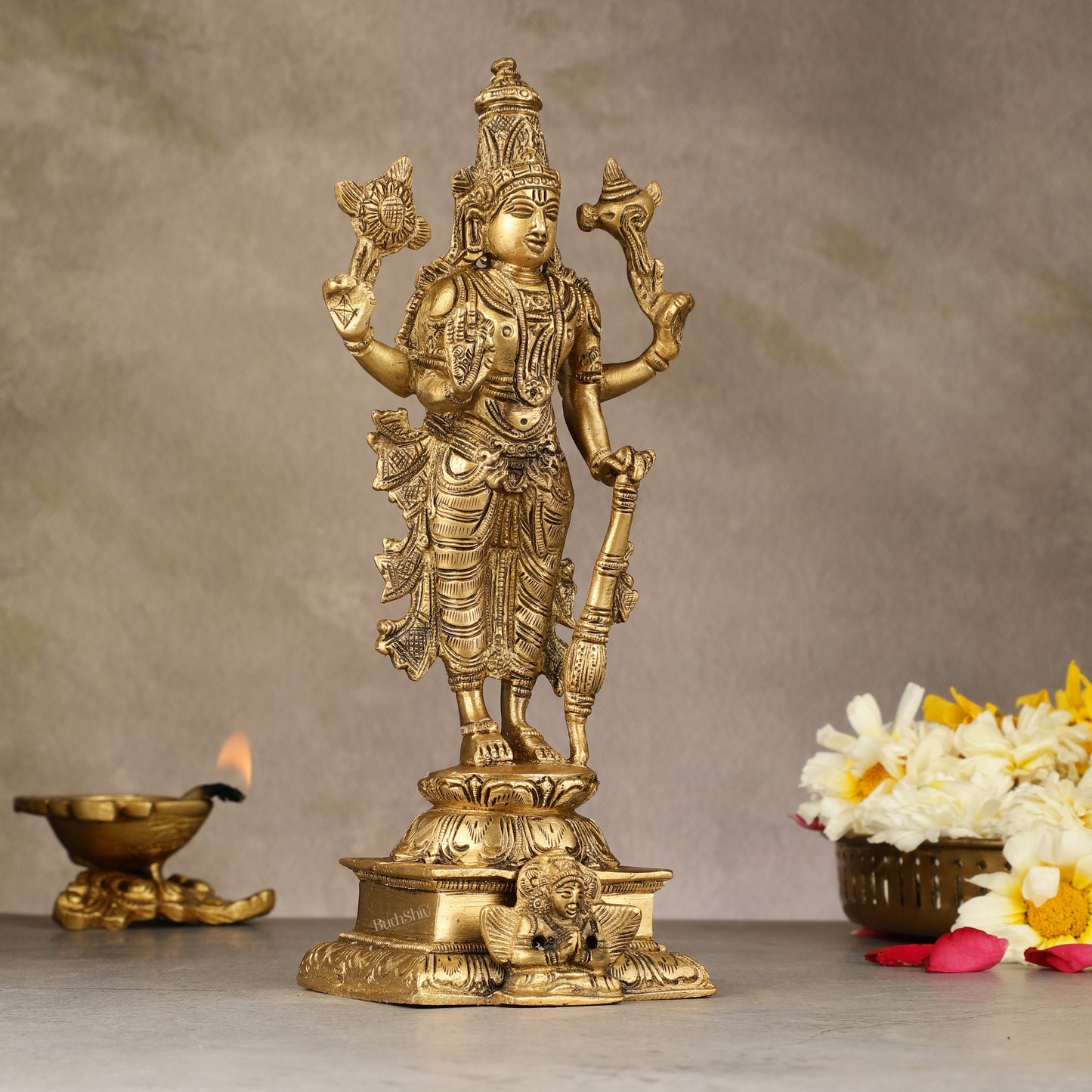 Divine Pure Brass Superfine Lord Vishnu Standing with Garuda Idol 9 inch