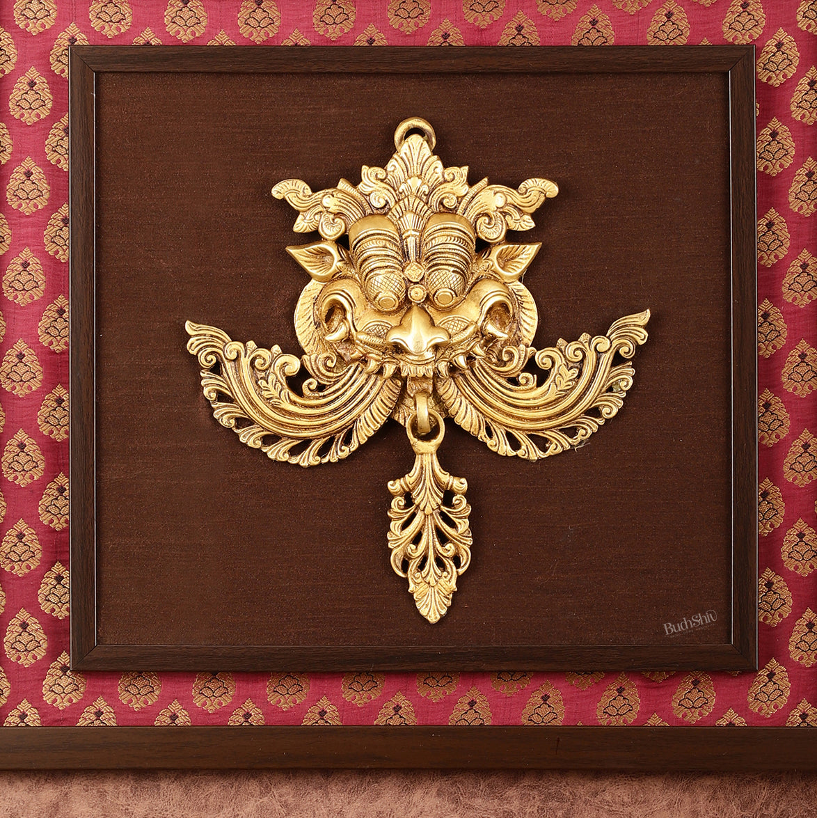 Pure Brass Kirtimukha Yali Face Wall Hanging on Wooden Frame with Premium Fabric - 18" x 20"