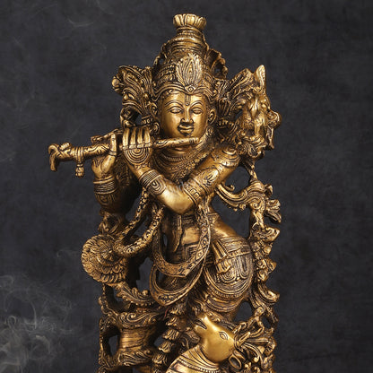 Handmade Brass Lord Krishna with Jumping Cow Statue - 18"