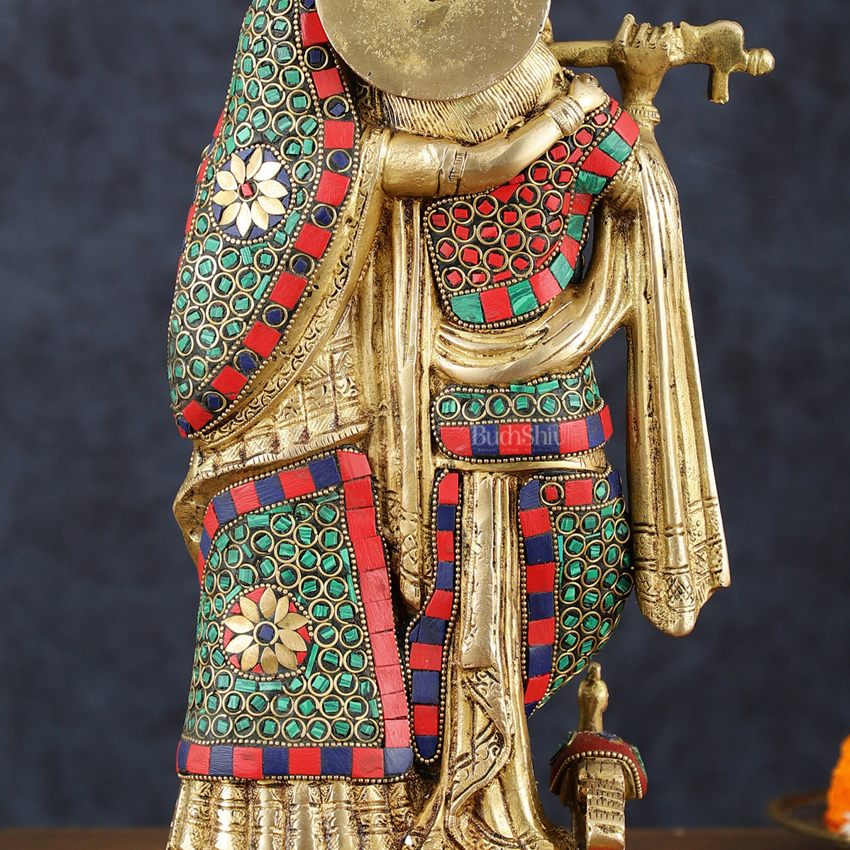 Brass Radha Krishna Idol 12 inch with stonework