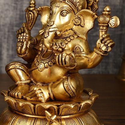 Brass Superfine Ganesha and Lakshmi Statues on Lotus | 9 Inch