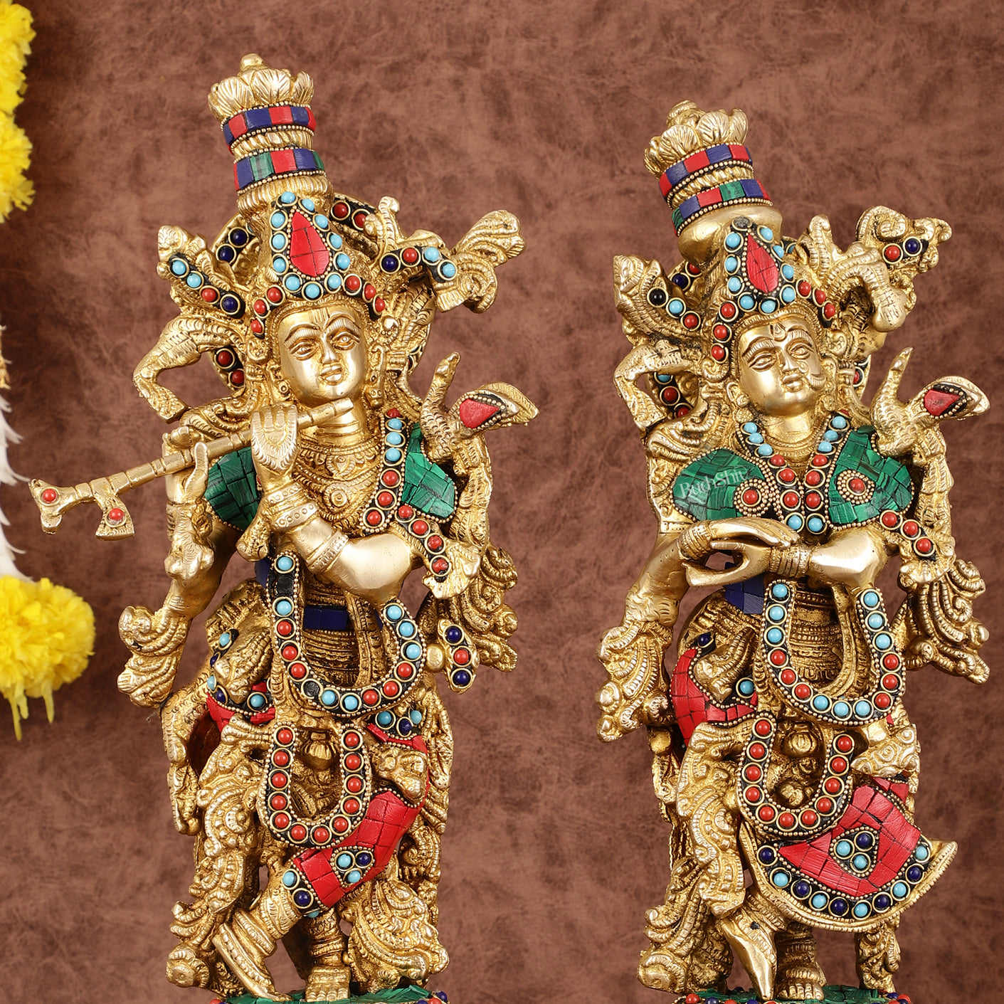 Intricately Crafted Brass Radha Krishna Idols with Stonework - 15"