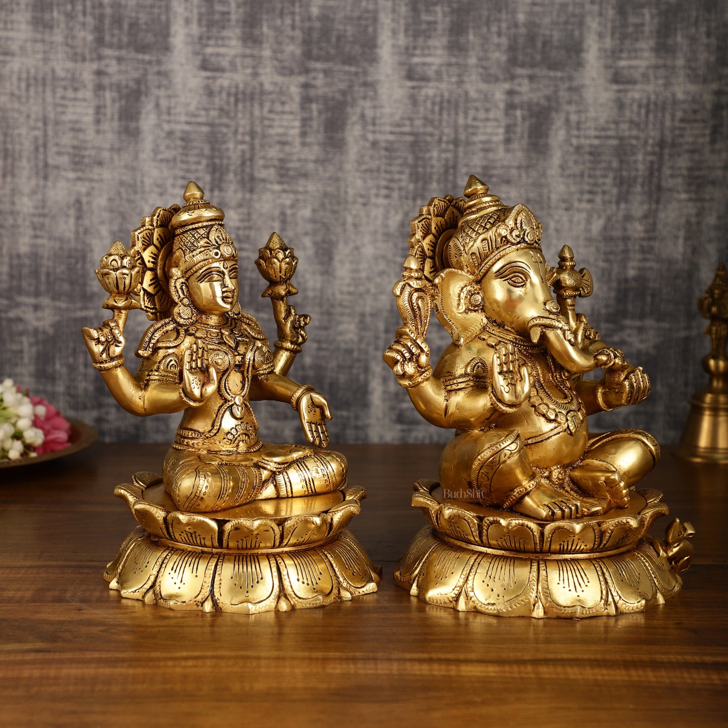 Brass Superfine Ganesha and Lakshmi Statues on Lotus | 9 Inch