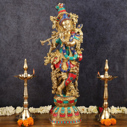 Brass Krishna Idol 30 inch meenakari