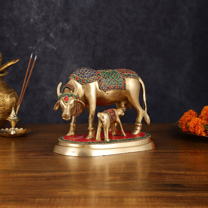 Pure Brass Kamdhenu Cow with Calf Statue - Meenakari Stonework, 8"