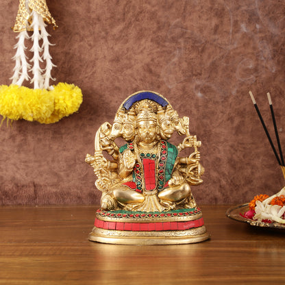 Superfine Brass Panchmukhi Hanuman Murti - 6.50" Tall with Stonework