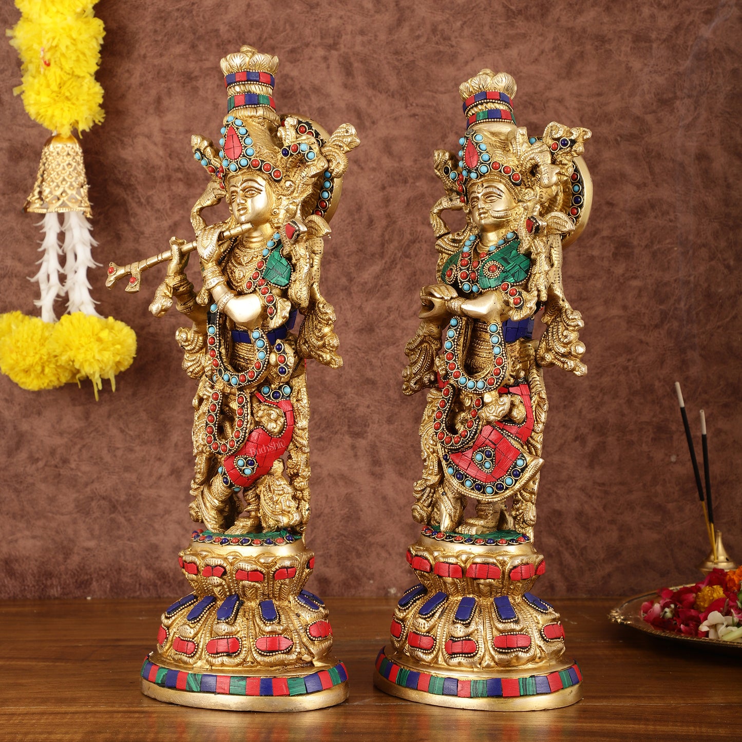 Intricately Crafted Brass Radha Krishna Idols with Stonework - 15"