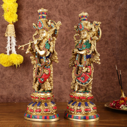 Intricately Crafted Brass Radha Krishna Idols with Stonework - 15"