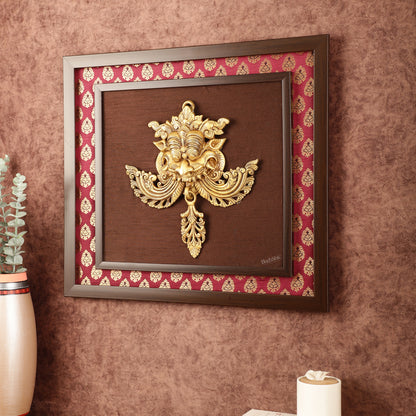 Pure Brass Kirtimukha Yali Face Wall Hanging on Wooden Frame with Premium Fabric - 18" x 20"