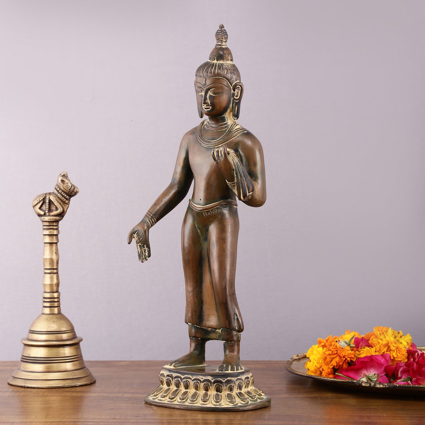 Vintage Brass Standing Buddha Statue – 14.5 inch