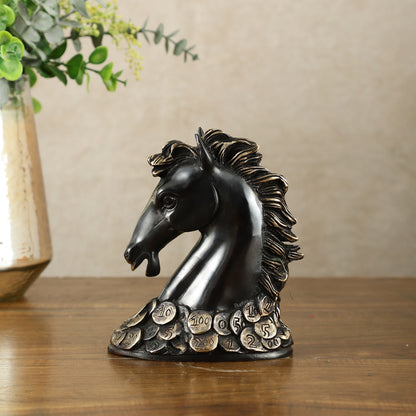 Vastu Feng Shui Lucky Black Horse Head with Coins Brass Showpiece | 7"