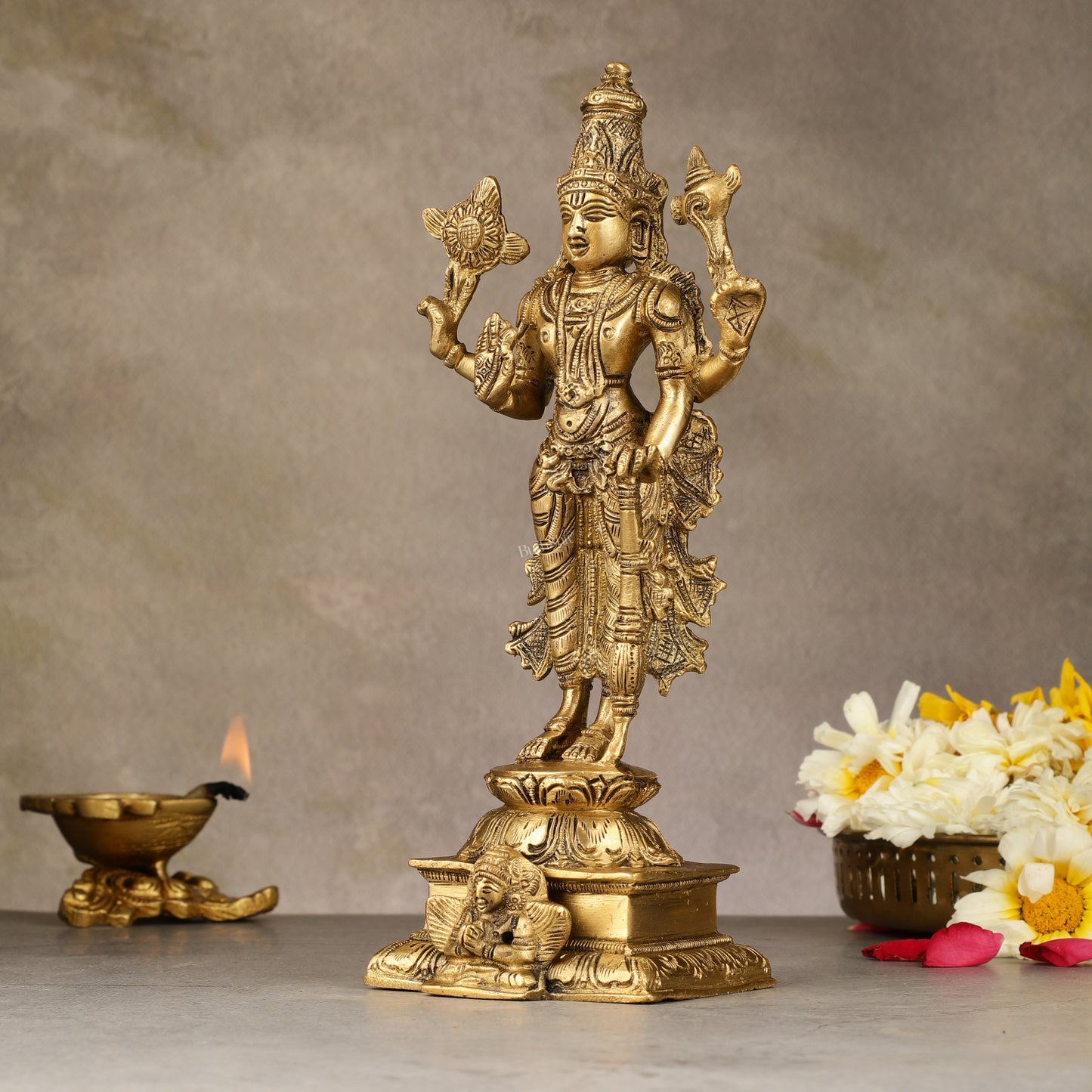 Divine Pure Brass Superfine Lord Vishnu Standing with Garuda Idol 9 inch