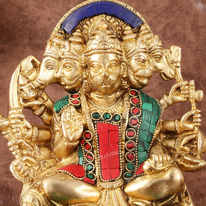 Superfine Brass Panchmukhi Hanuman Murti - 6.50" Tall with Stonework