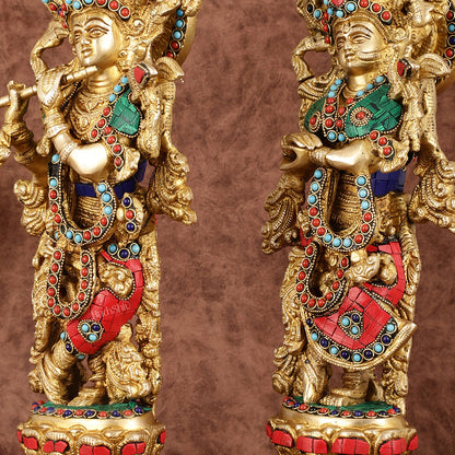 Intricately Crafted Brass Radha Krishna Idols with Stonework - 15"