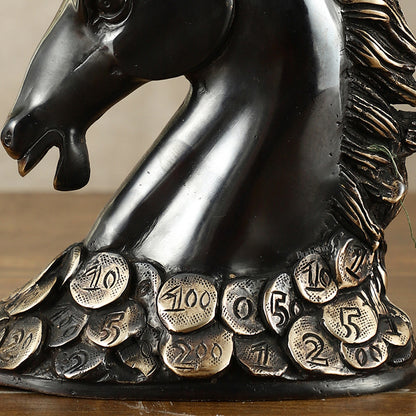 Vastu Feng Shui Lucky Black Horse Head with Coins Brass Showpiece | 7"