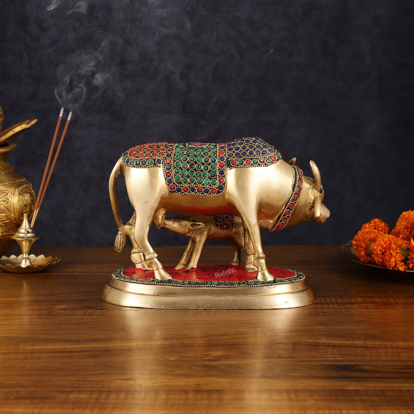 Pure Brass Kamdhenu Cow with Calf Statue - Meenakari Stonework, 8"