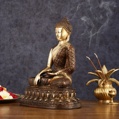 Pure Brass Engraved Buddha Statue in Bhumi Nirvana Mudra - 10.5" Height