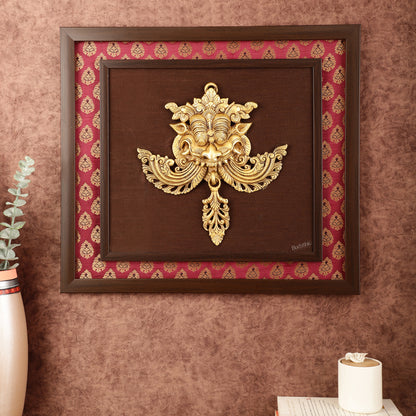 Pure Brass Kirtimukha Yali Face Wall Hanging on Wooden Frame with Premium Fabric - 18" x 20"