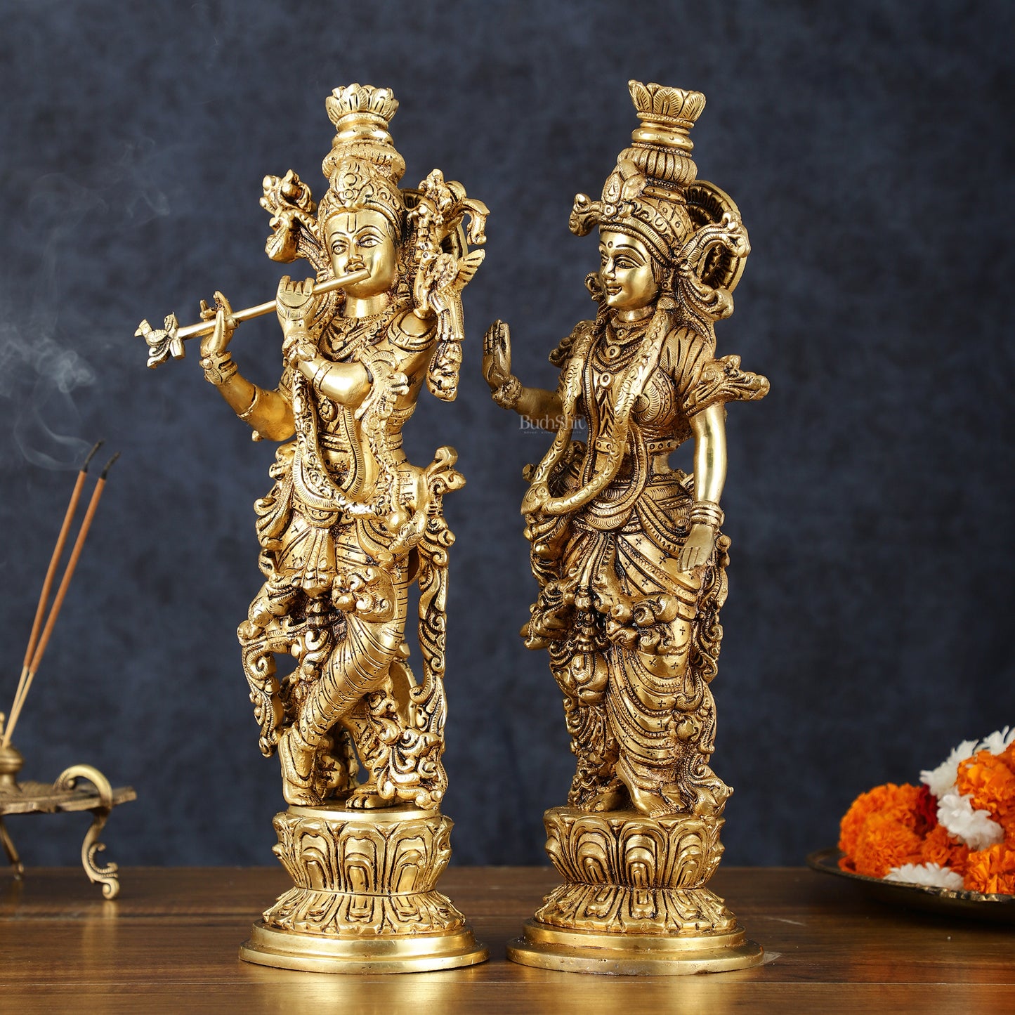 Pure Brass Superfine Radha Krishna Statues – 14" Height, Finely Carved with Sharp Features