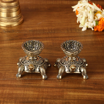 Brass Miniature Tortoise Oil Lamp Diya Pair | 2.5 Inch Height