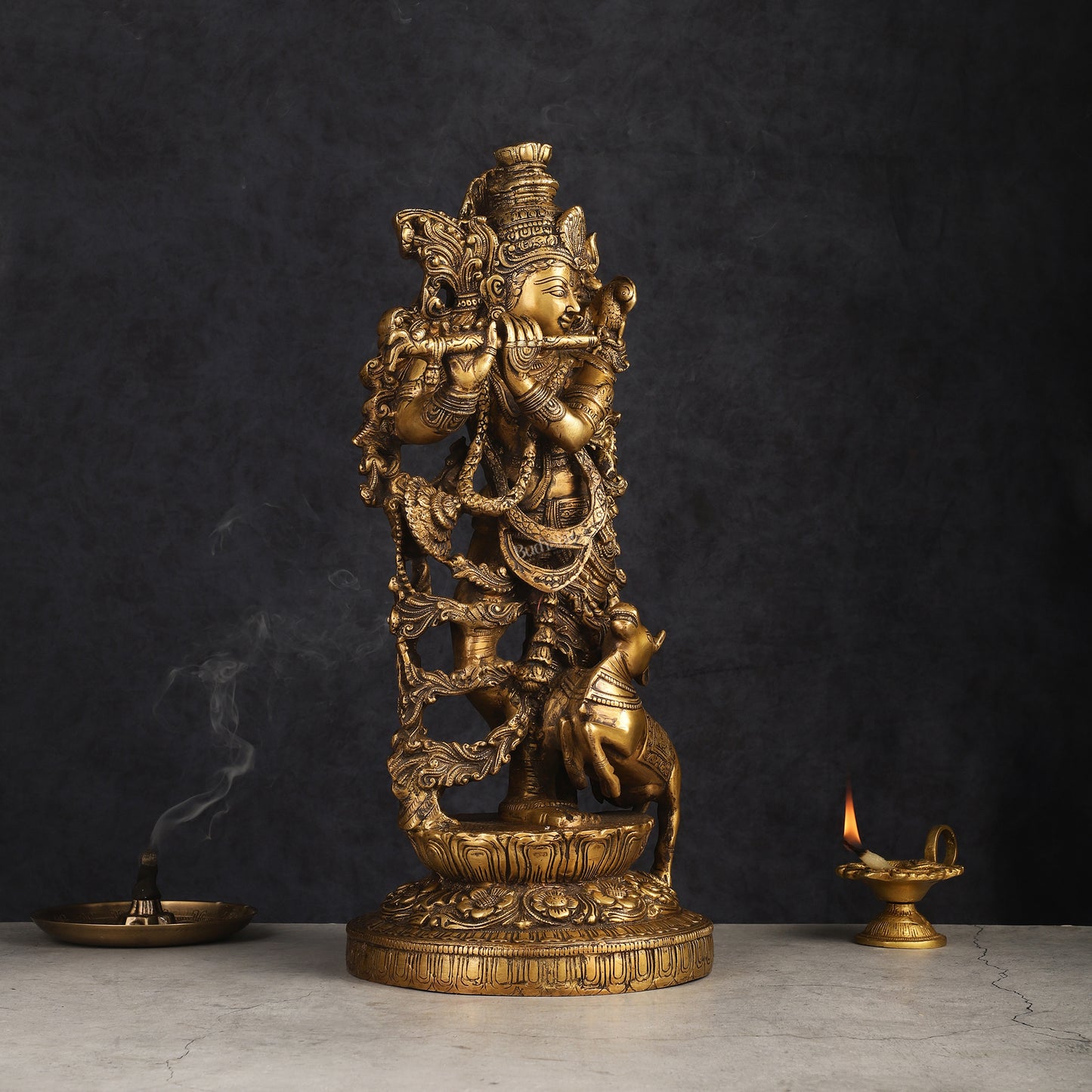 Handmade Brass Lord Krishna with Jumping Cow Statue - 18"