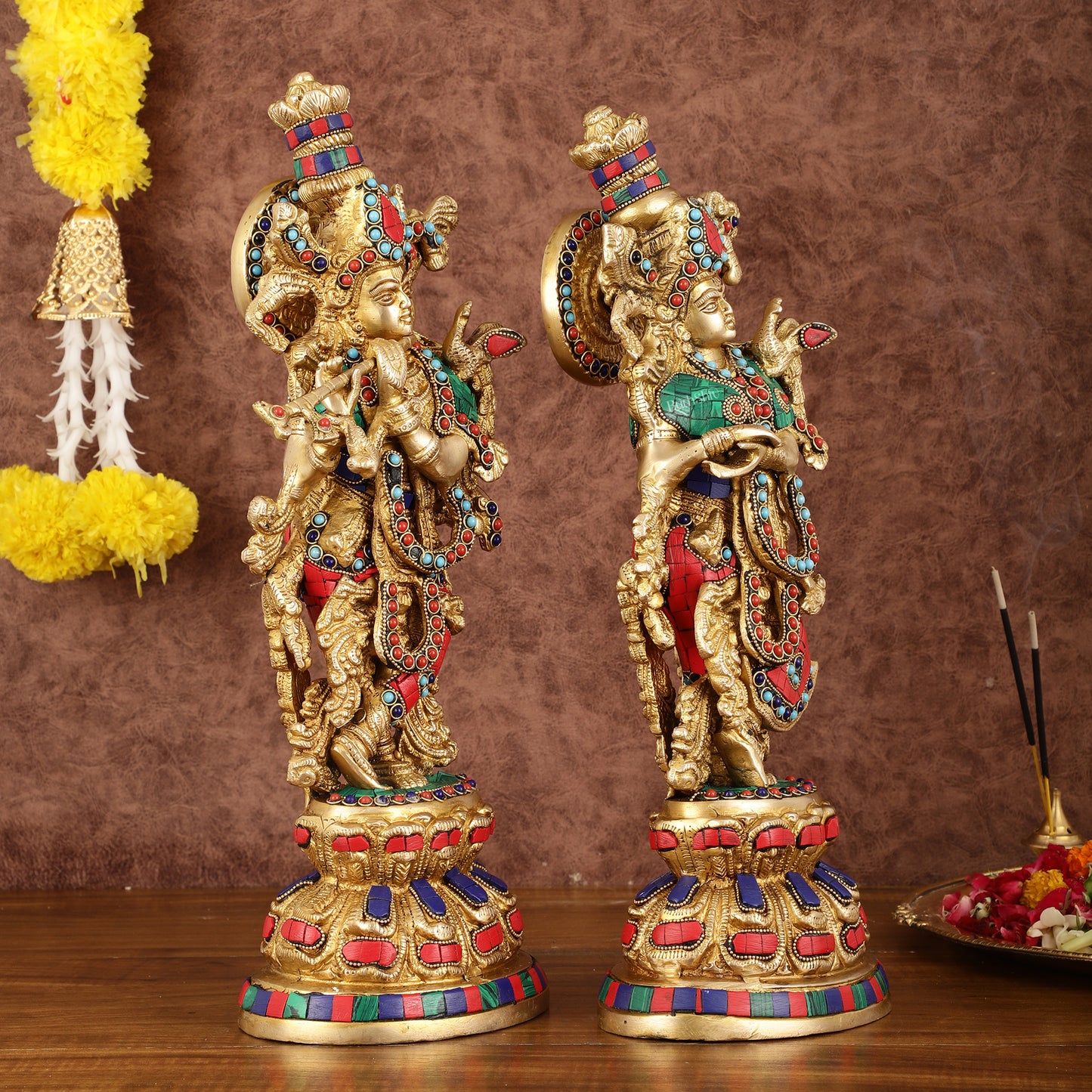 Intricately Crafted Brass Radha Krishna Idols with Stonework - 15"