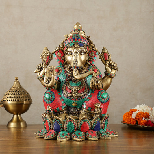 Brass Superfine Big Lord Ganesha Idol | Height 15.5 inch with stonework