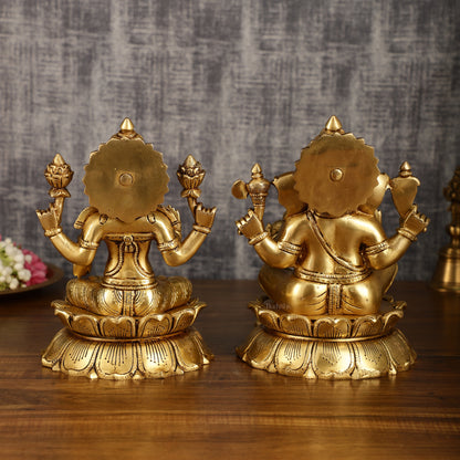 Brass Superfine Ganesha and Lakshmi Statues on Lotus | 9 Inch