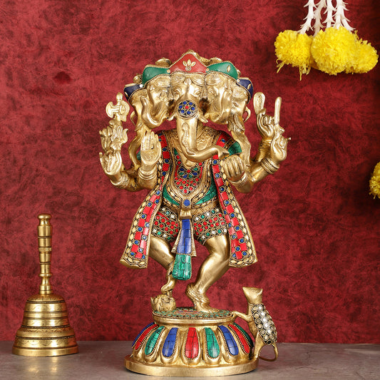 Brass Dancing Panchmukhi Ganesha Statue - 15 Inch with stonework
