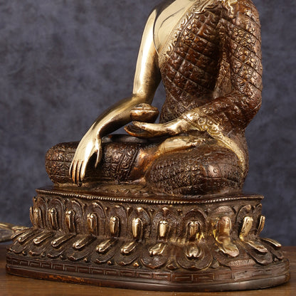 Pure Brass Engraved Buddha Statue in Bhumi Nirvana Mudra - 10.5" Height