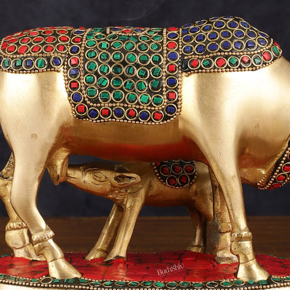 Pure Brass Kamdhenu Cow with Calf Statue - Meenakari Stonework, 8"