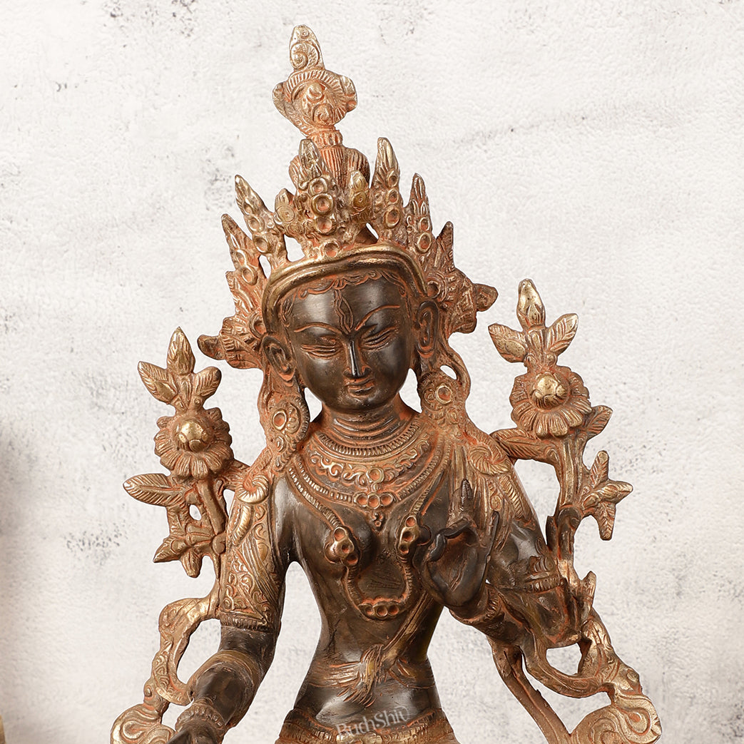 Pure Fine Brass White Tara Statue - 14" Tall - Antique Sand Patina