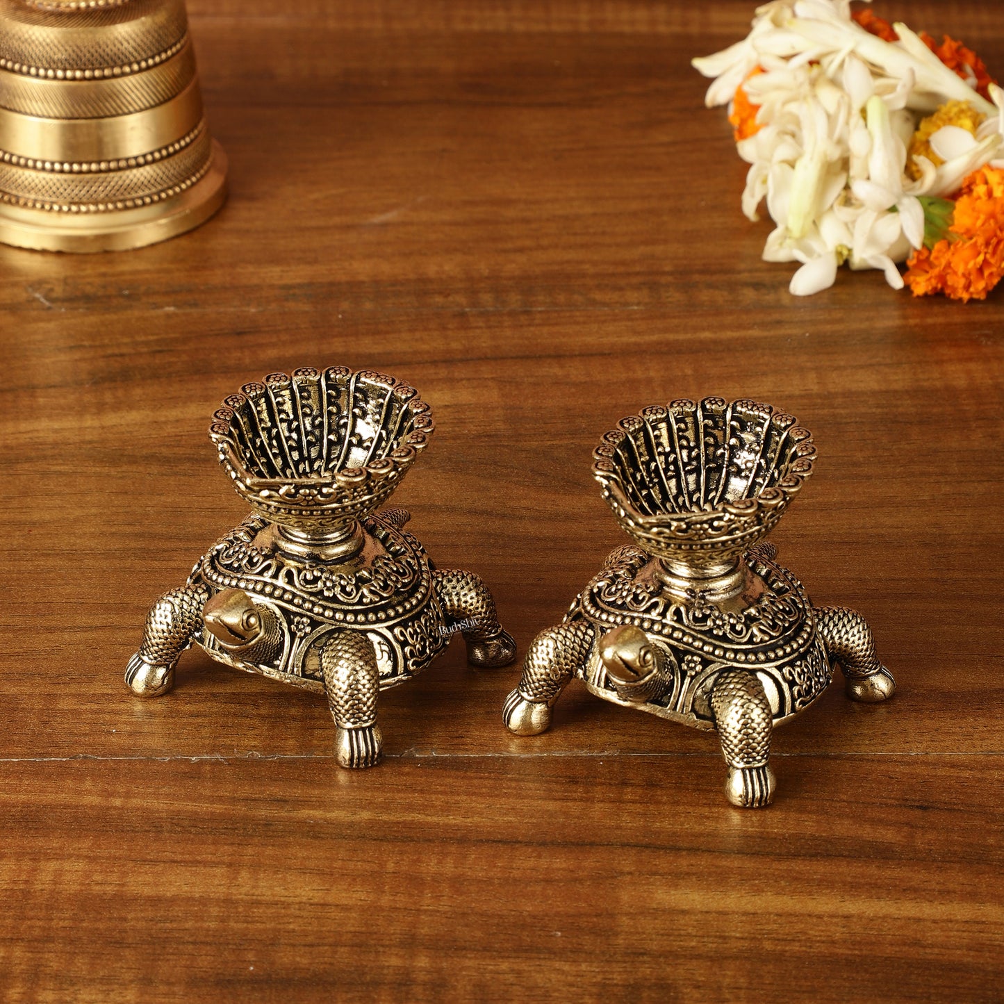 Brass Miniature Tortoise Oil Lamp Diya Pair | 2.5 Inch Height