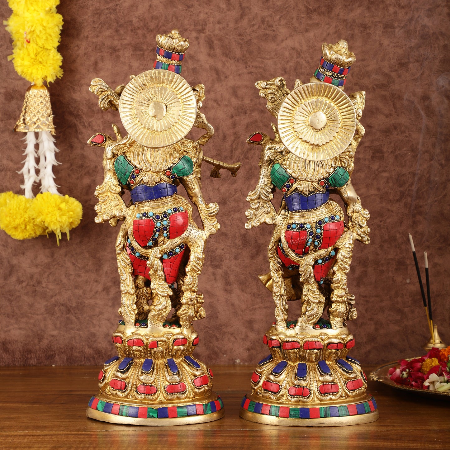 Intricately Crafted Brass Radha Krishna Idols with Stonework - 15"