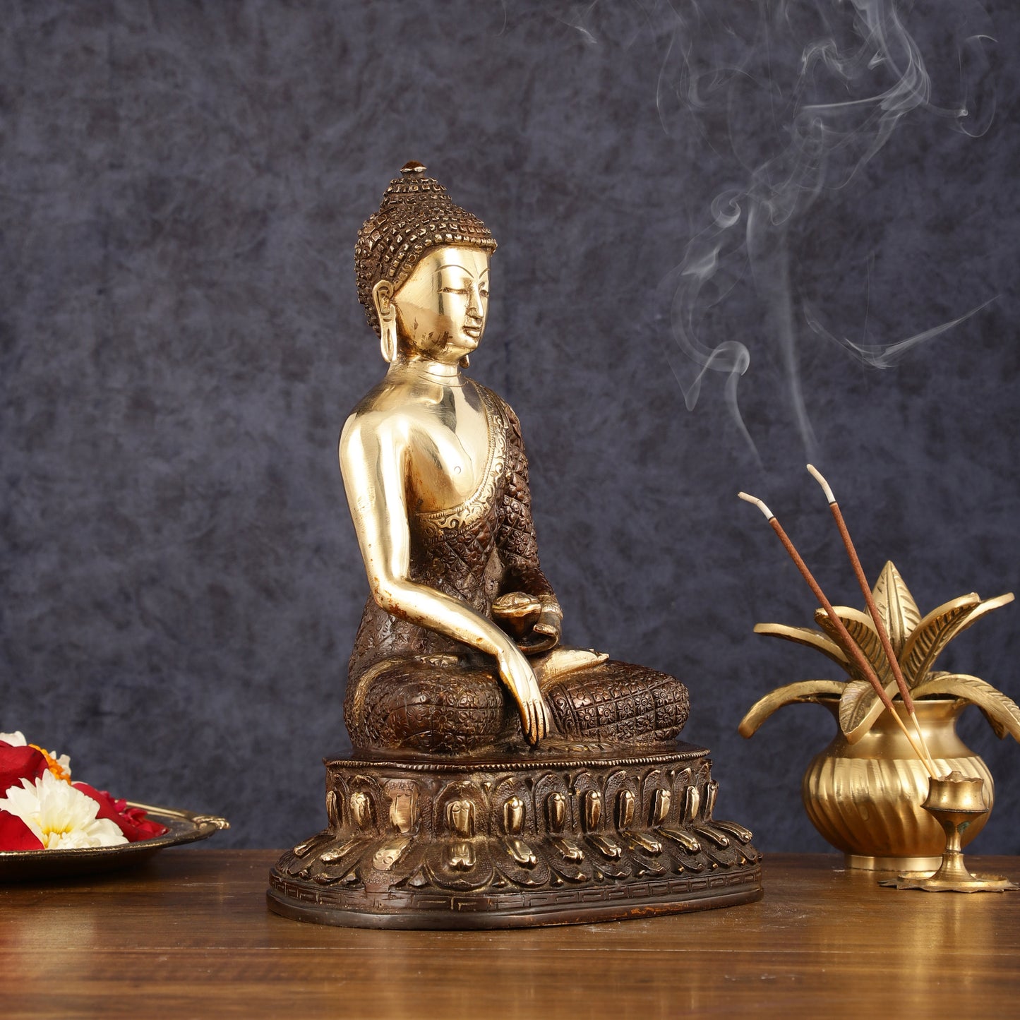 Pure Brass Engraved Buddha Statue in Bhumi Nirvana Mudra - 10.5" Height