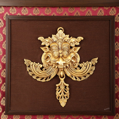 Pure Brass Kirtimukha Yali Face Wall Hanging on Wooden Frame with Premium Fabric - 18" x 20"