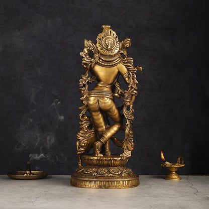 Handmade Brass Lord Krishna with Jumping Cow Statue - 18"