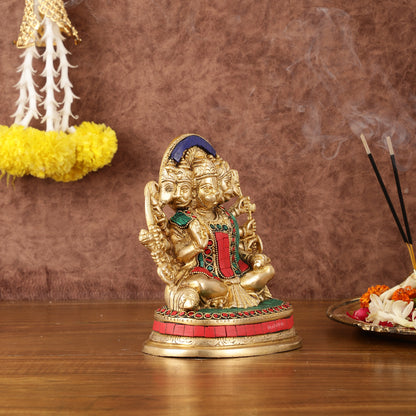 Superfine Brass Panchmukhi Hanuman Murti - 6.50" Tall with Stonework