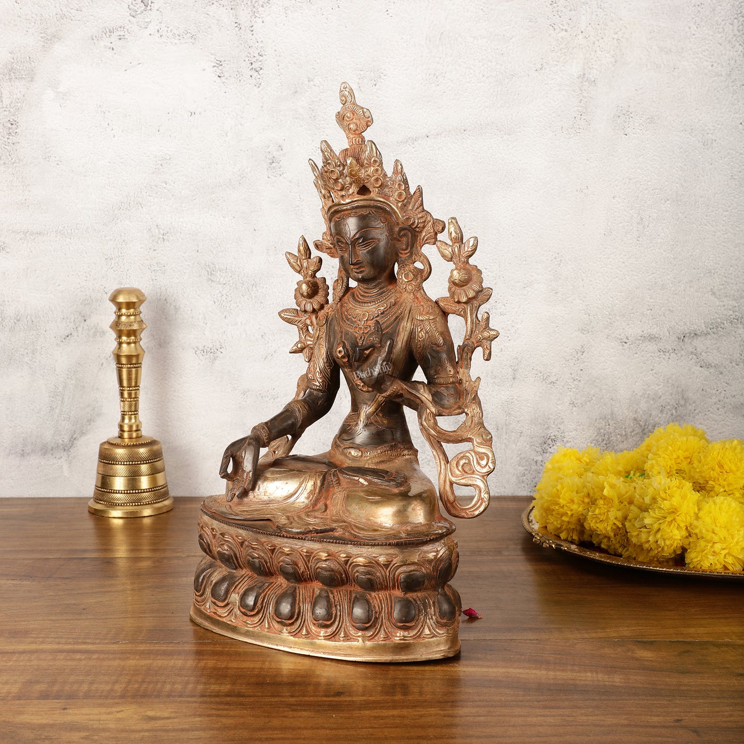 Pure Fine Brass White Tara Statue - 14" Tall - Antique Sand Patina